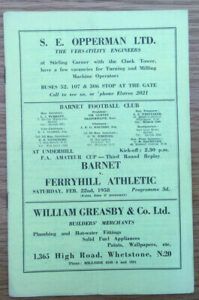 Barnet v Ferryhill Athletic Programme FA Amateur Cup Replay Feb 22nd 1958